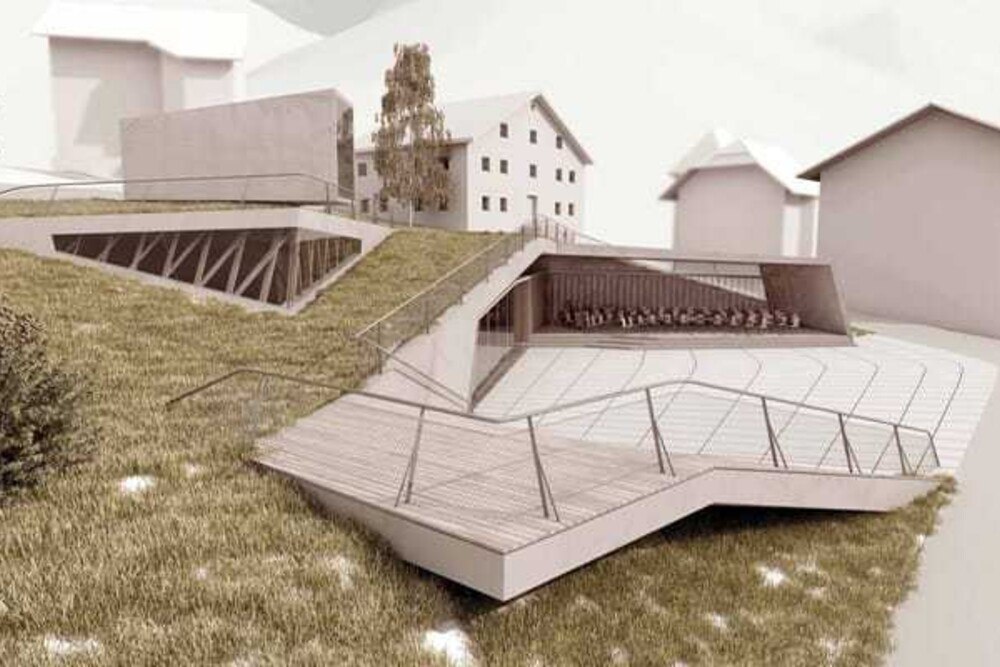 © parc.architekten
2011 gewannen parc.architekten – Michael Fuchs und Barbara Poberschnigg – den Architektenwettbewerb zum Bau eines Gemeindekulturzentrums in Ischgl. Die Entwurfsidee war bestechend einfach: eine Schachtel in den Hang geschoben, und den Eingang als Platz gestaltet. Renderings: parc.architekten
parc.architekten