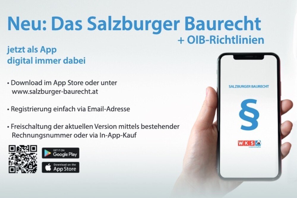 © Landesinnung Bau Der Flyer für die digitale Version des Salzburger Baurechts, informationen im Artikel. Symbolbild eine Hand hält ein Smartphone, darauf zu sehen ist ein großes Paragraphsymbol
