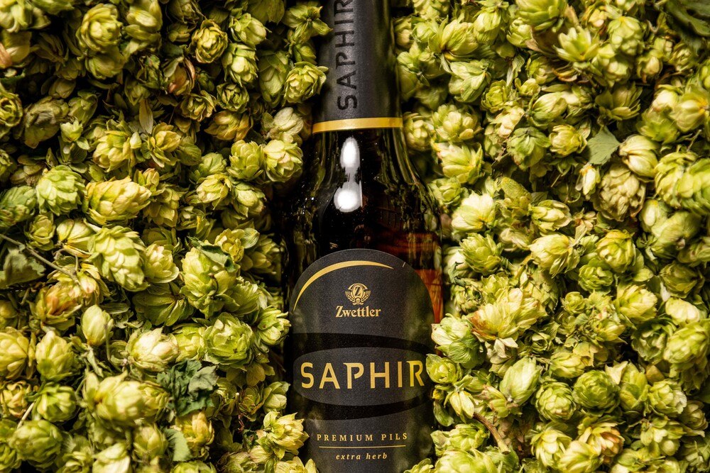 © Christoph Kerschbaum
Zwettler holt Gold ins Waldviertel: Ab sofort trägt das Saphir stolz die Auszeichnung ”Bestes German Style Pilsner”.
Bierflasche von Zwettler Saphir liegt auf Hopfenblüten.
