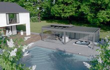 Modern und geradlinig: Das Lamellendach von TS-Aluminium ist mit einem Flachdach aus Glas kombinierbar und überzeugt in kubischer Architektur.