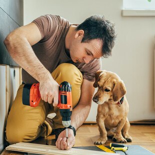 © GettyImages Ein Mann schraubt mit einem Akkuschrauber in eine Holzplatte, die am Boden liegt. Daneben sitzt ein brauner kleiner Hund